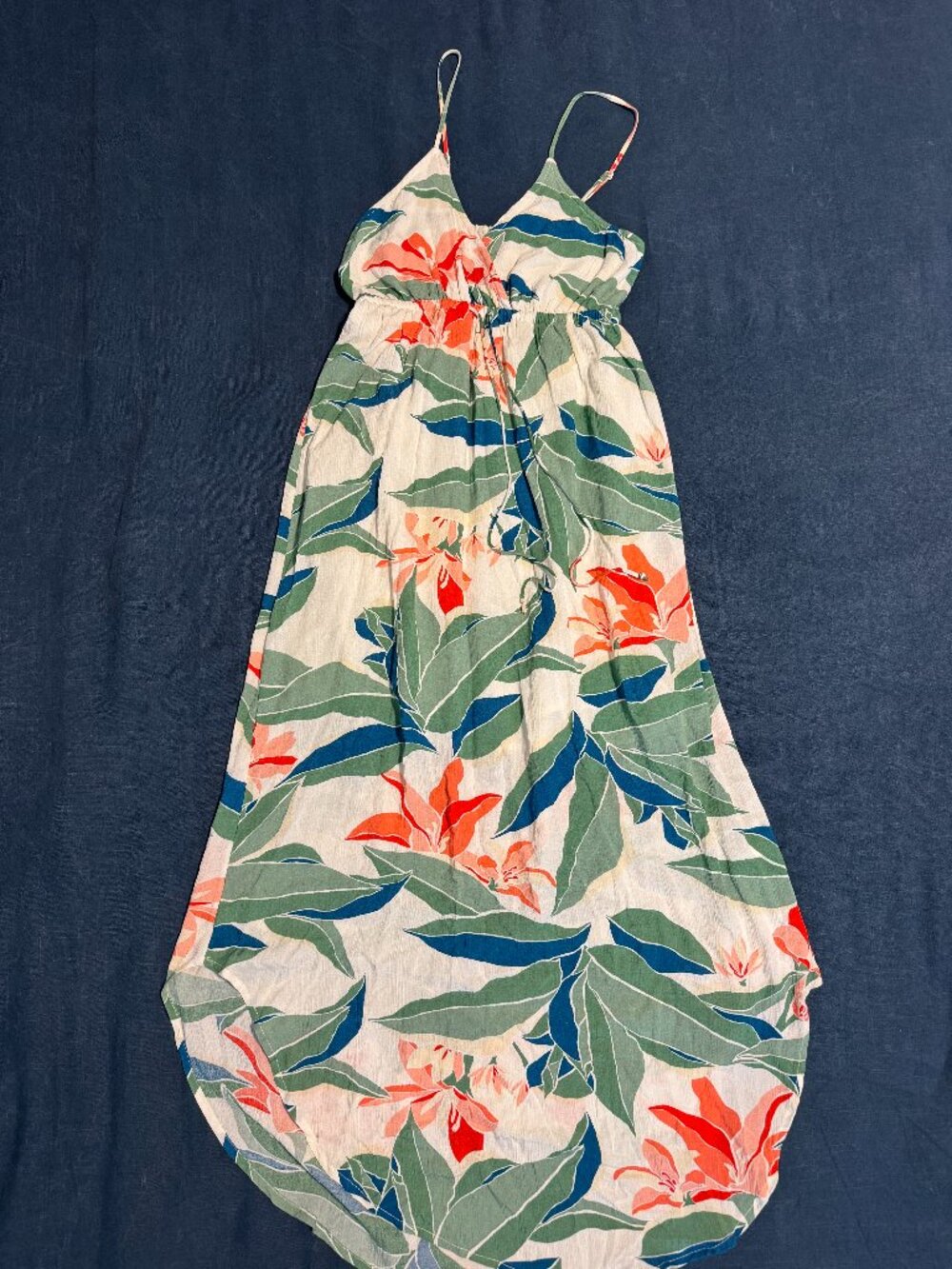 Billabong Tropical Palm Print High Low Maxi Dress Cream Coral Green Size M